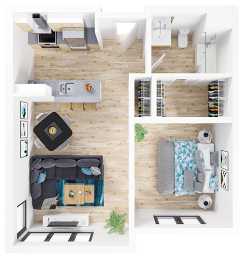 Floor plan for 1 bed, 1 bath, 777 sqft